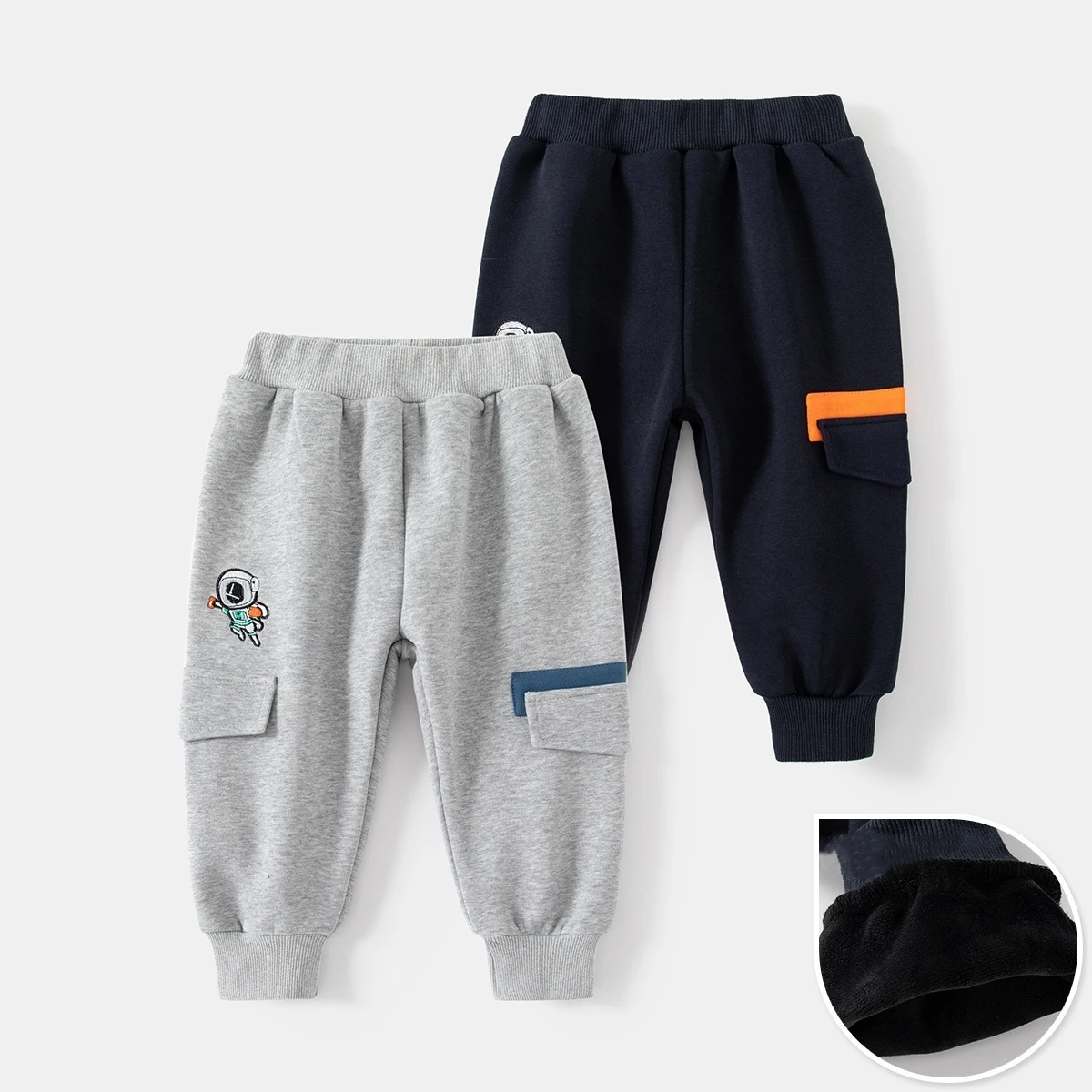 XUANMU Boy Embroidered Cartoon Fleece-Lined Casual Pants Fall Winter Kids Fashion Elastic Waist Cuffed Sports Trousers XB084_viptrois.com