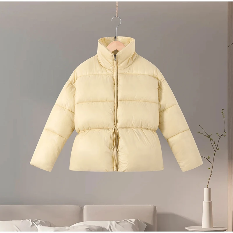 Lace up Stand Collar Cotton Jacket Woman Long Sleeve Zipper Waist Cinching Casual Coat Street Versatile Women's New Warm Jackets