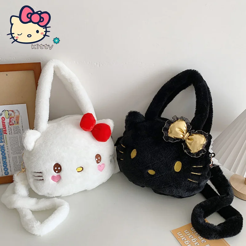 Hello Kitty Plush Bag Kawaii Sanrio Plush Toys Black Hello Kitty Shoulder  Bag Messenger Plushies Backpack Storage Bag for Girl