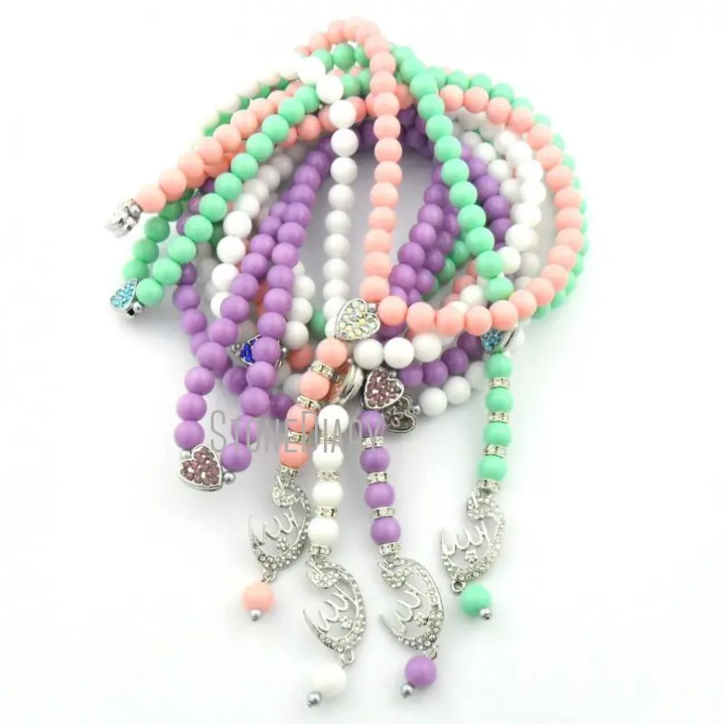 

MU14401 Multi Color 99 Round Prayer Rosary Beads With Rhinestone Paved Crescent Moon Silver Plated Allah Muslim Jewelry