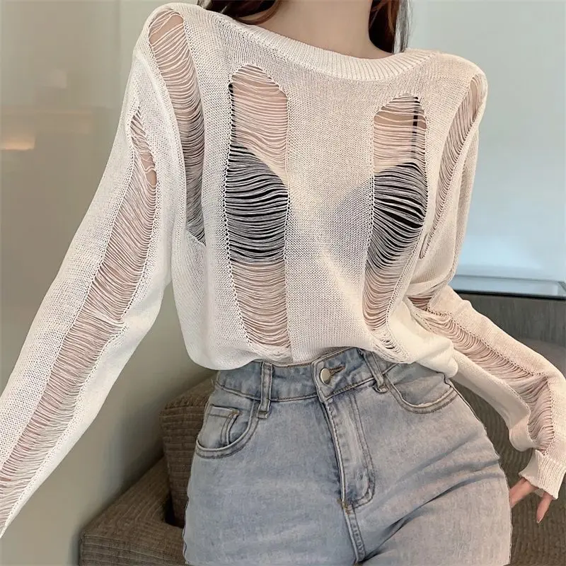 

Пикантный ажурный топ для девушек, весна-лето 2024, Женский однотонный двухсторонний Топ, короткий Модный Топ с длинным рукавом