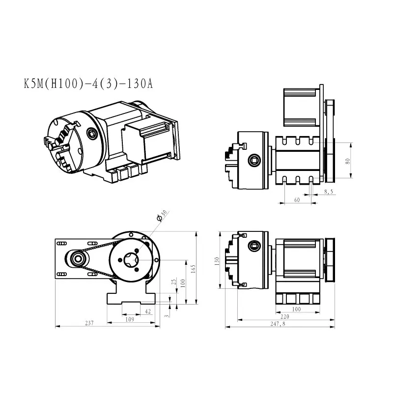 Chuck K11-130 3 Jaw / K12-130 4 Jaw with Nema34 Stepper Motor CNC Indexing Head Through Hole Diameter 30mm A-axis Rotating Axis