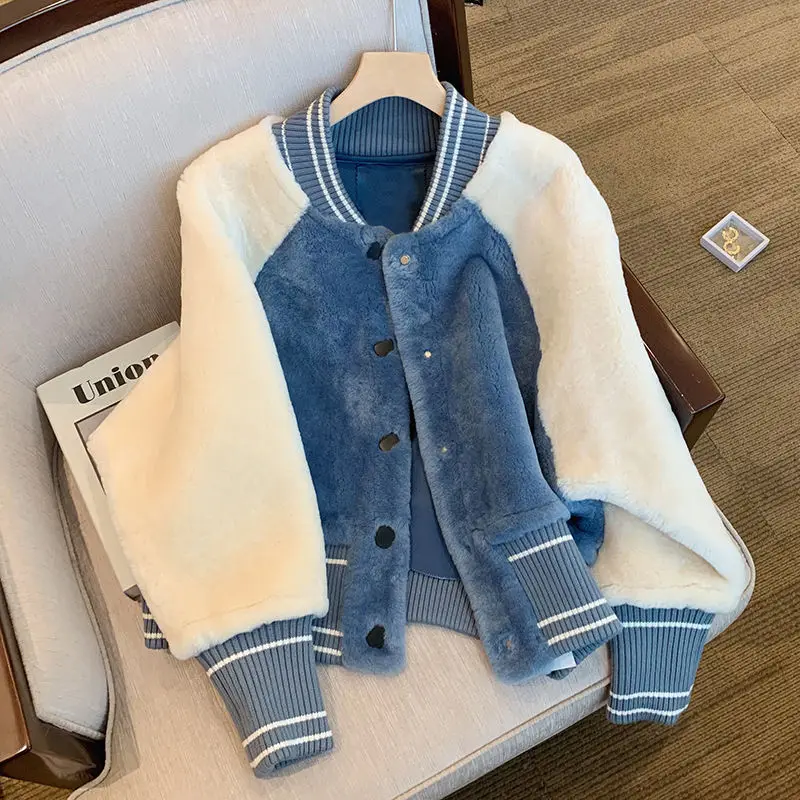 

Ladies' New Lamb Wool Coat Women's Winter 2021 New Style Plus Velvet Thick Plush Contrast Color Stitching Top Oversized Jacket
