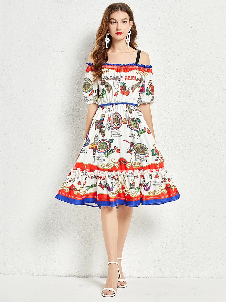 

Women's Spaghetti Strap Puff sleeve Food print Vintage Vacation Party Desses Fashion Designer Summer Midi Vestidos Knee Dress