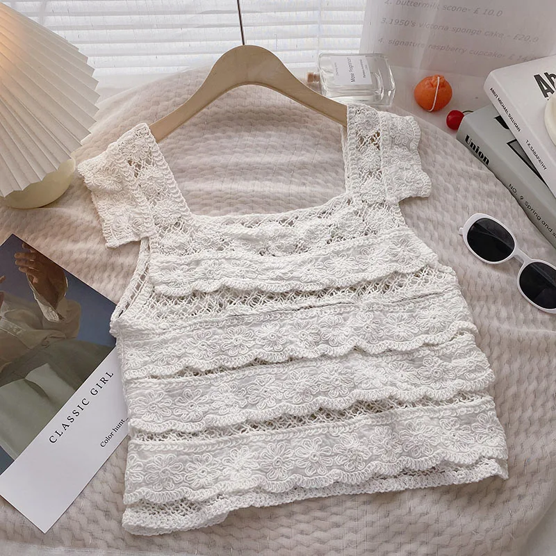 トップス Crochet frill knit tops andmary ANDMARY】Crochet frill knit tops