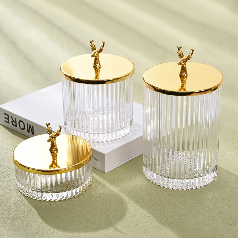 Description Picture 2 of itemTransparent vertical striped glass storage jar with golden lid candy tea dried fruit cotton swab jewelry box