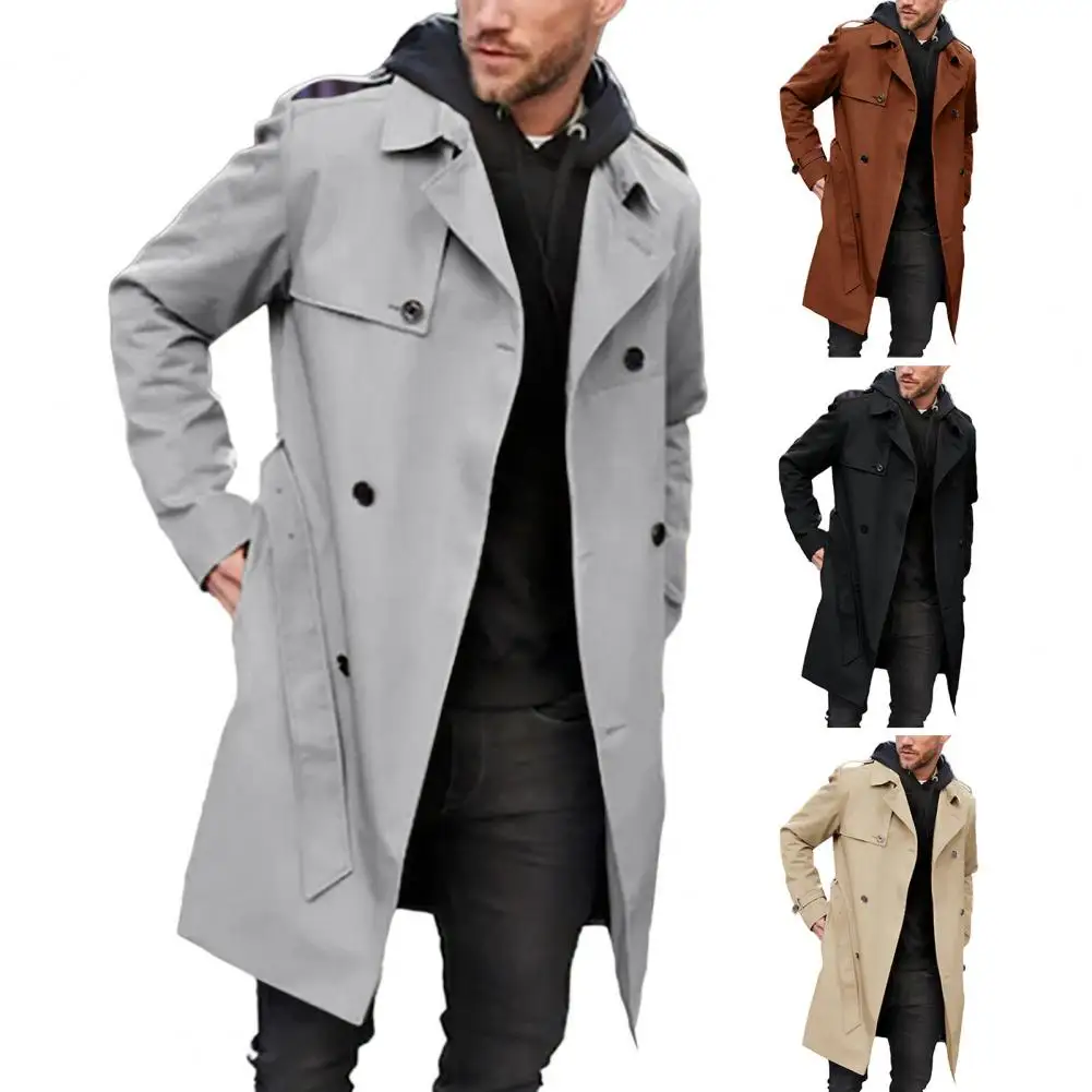 Men Autumn Winter Trench Coat Solid Color Lapel Long Sleeve Windbreaker Double-breasted Pockets Belt Long Coat Streetwear
