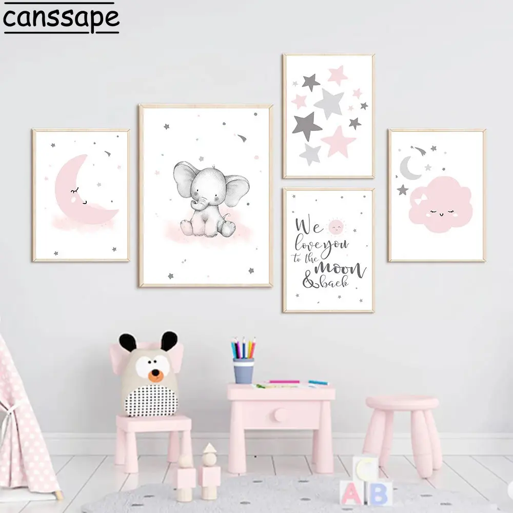 

Животные, слон, художественные принты, розовое облако, настенное искусство, луна, звезда, рисунок, рандомные настенные картины в скандинавском стиле, декор детской комнаты