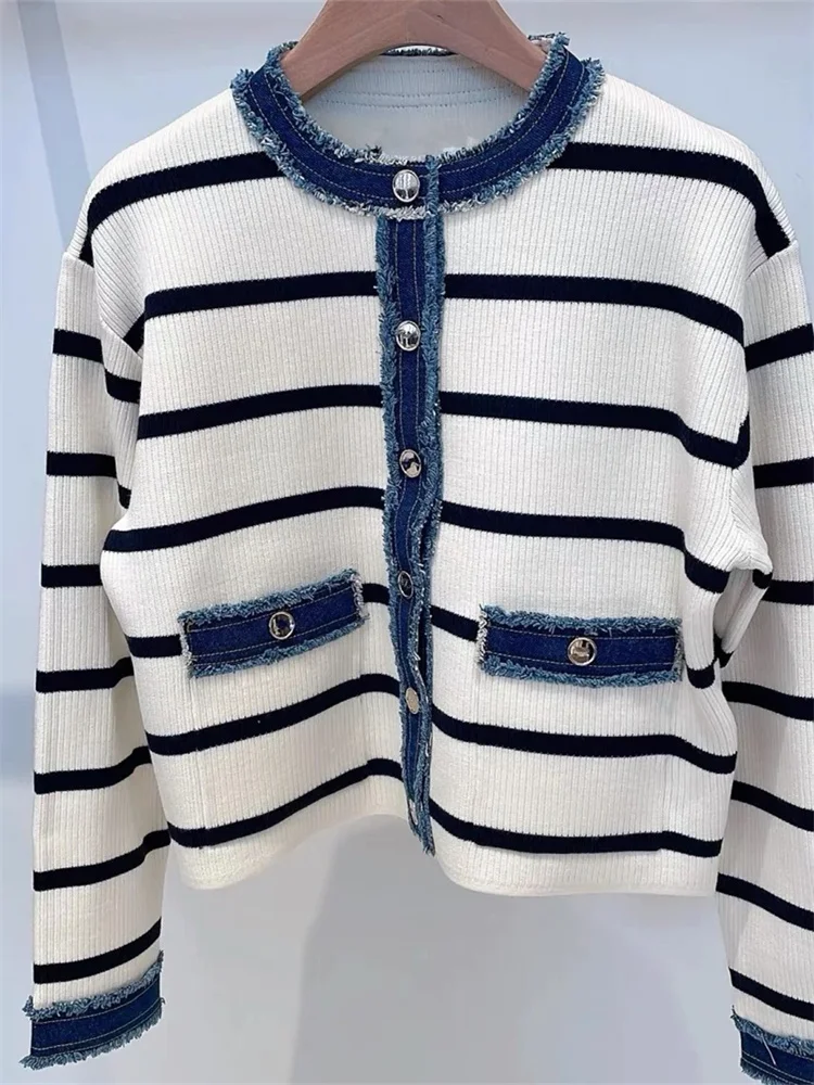 Women's Striped Knitted Cardigan Coat Versatile Contrasting Denim Patchwork Trim Female Single-Breasted Knitwear Jacket Tops 2