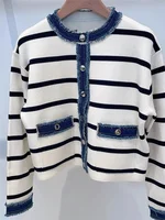 Women's Striped Knitted Cardigan Coat Versatile Contrasting Denim Patchwork Trim Female Single-Breasted Knitwear Jacket Tops 2