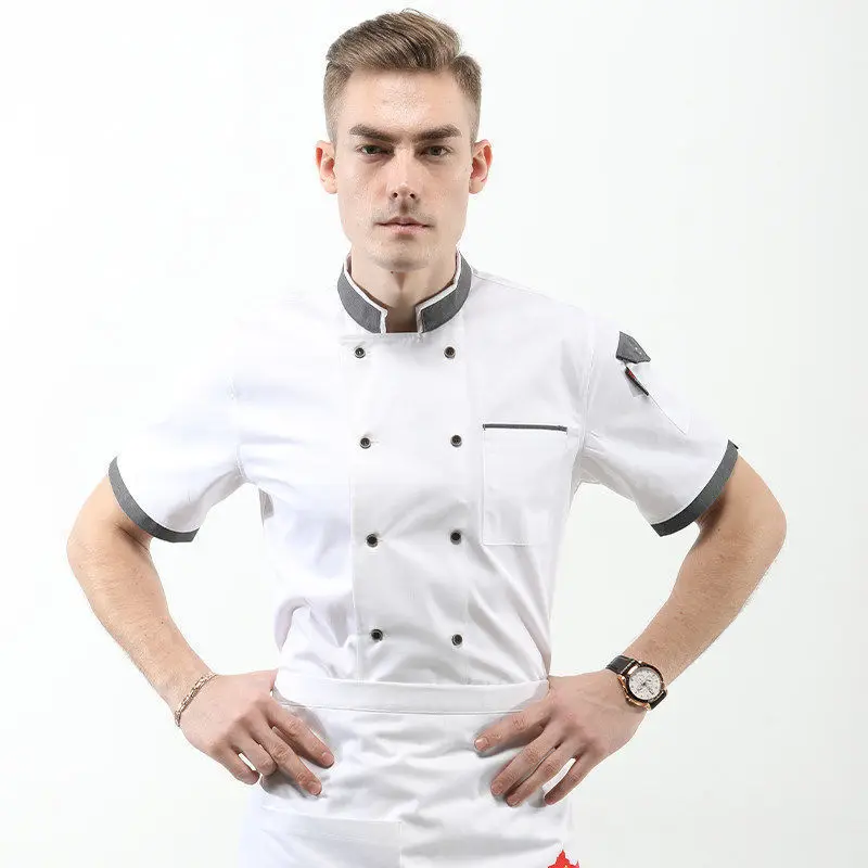 White Men Chef Jacket restaurant Bakery Food Service Short Sleeve Breathable Double Breasted chef uniform Cooking coat Free logo