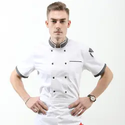 White Men Chef Jacket restaurant Bakery Food Service Short Sleeve Breathable Double Breasted chef uniform Cooking coat Free logo
