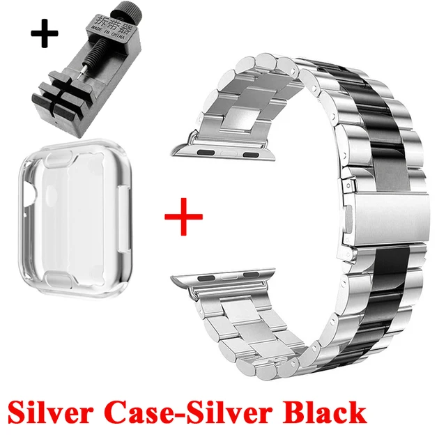 Watch Case+Strap For iWatch Band 38mm 42mm Steel Metal Bracelet For Apple Watch 7 44mm 40mm SE Series 6 5 4 Cover Band 45mm 41mm Silver -Silver Black