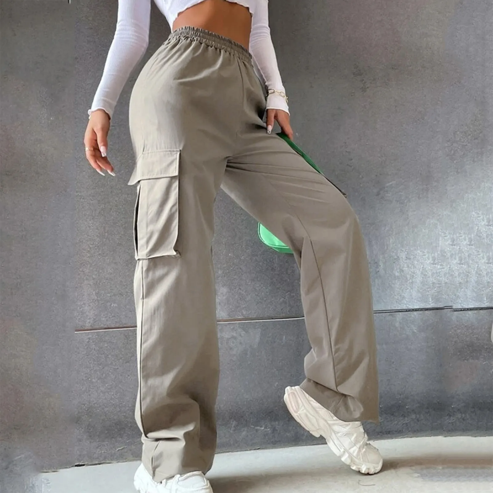Orange Cargo Trousers Women's High Waist Wide Leg Long Pants Straight Multi Pockets Trousers Female Classic 2024 New Pants 3