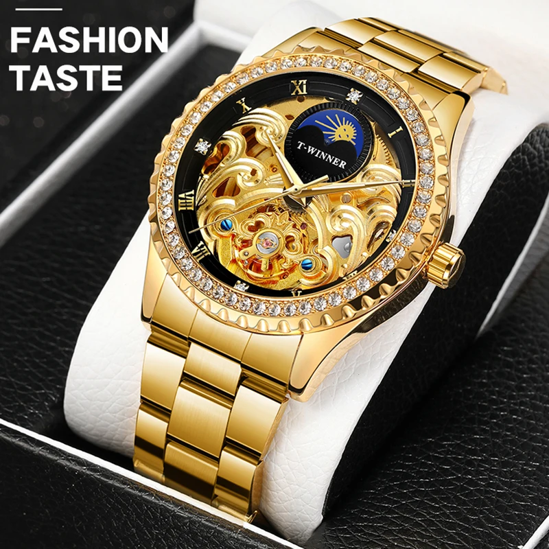 Winner Mechanical Watch Men Moon Phase Carved Skeleton Dial Men Watches Luxury Brand Design Fashion Wrist Watch Stainless steel