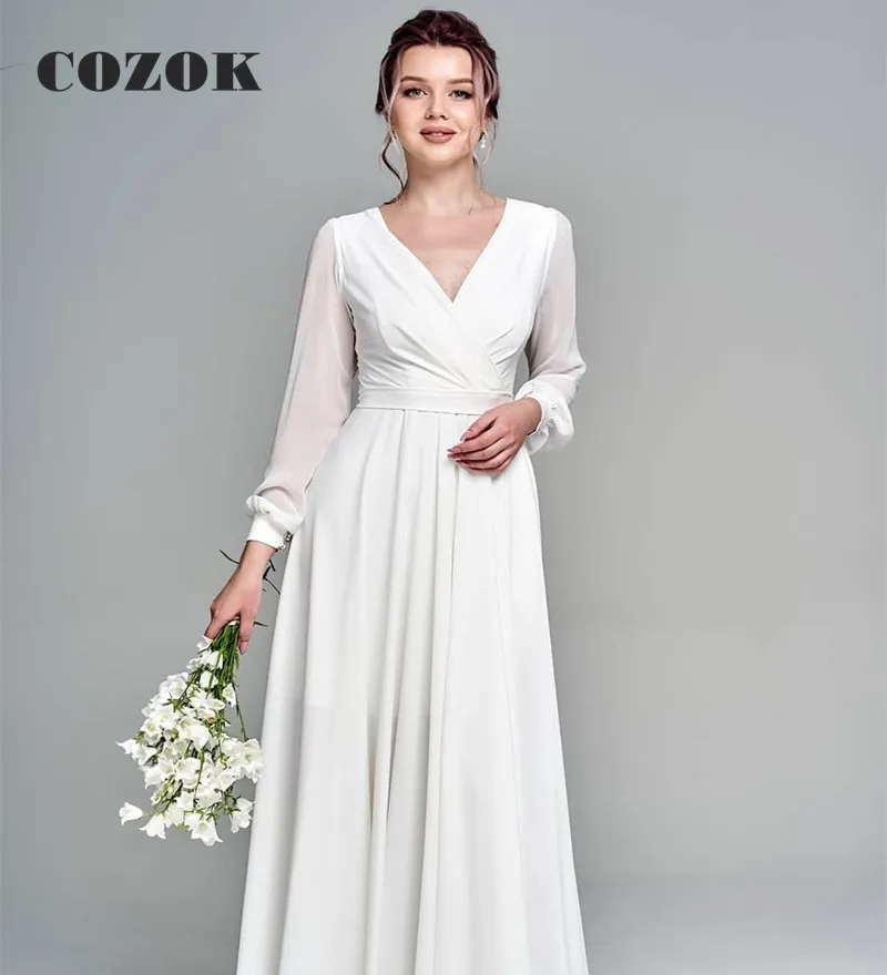 

Chiffon Elegant Simple Long Sleeve Wedding Dress 2023 V Neck Side Slit Floor Length Bride Gowns Vestidos De Noiva Custom YW94