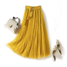 

Women's Tulle Skirt Fairy Grunge Formal Elastic High-waisted Midi Tutu Skirts with Belt Chic Mesh Chiffon Pleated Skirt Spring