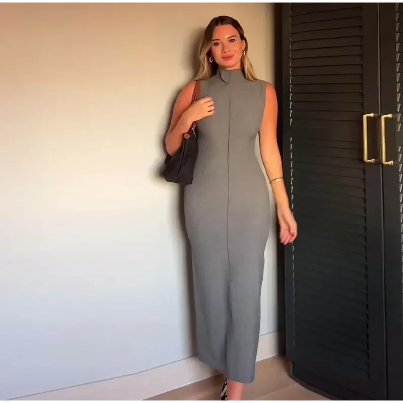 Vestido largo sin mangas con cuello alto y abertura en la espalda para mujer, recto, liso, ajustado, de cintura alta, con cremallera, otoño 2025