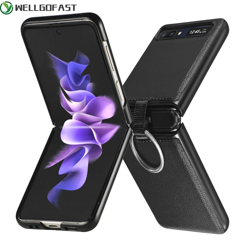 Samsung Galaxy Z Flip 3 Custodia Litchi Grain Ring Luxury Leather Pu + Pc Cover Per Telefono Per Samsung Z Flip3 Custodia Antiurto Portatile