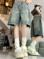 Women High Waist American Retro Washed Wide Leg Jeans Girls Street Do Old Star Loose Denim Pants Female Blue Knee Length Shorts - Image 3