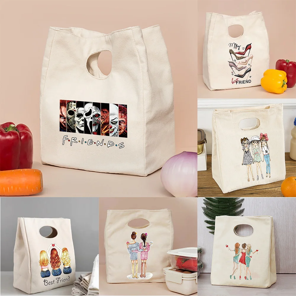 

Women's School Thermal Lunchbox Portable Lunch Bento Pouch Friends Series Picnic Tote Canvas Bag Food Insulated Cooler Handbag