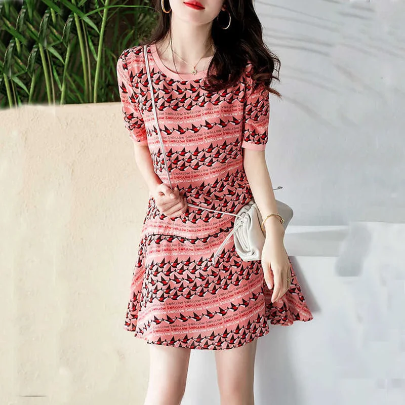 

Fashion O-Neck Loose Chiffon Printed Floral Dress Women's Clothing 2023 Summer New Short Sleeve Office Lady Mini Dress