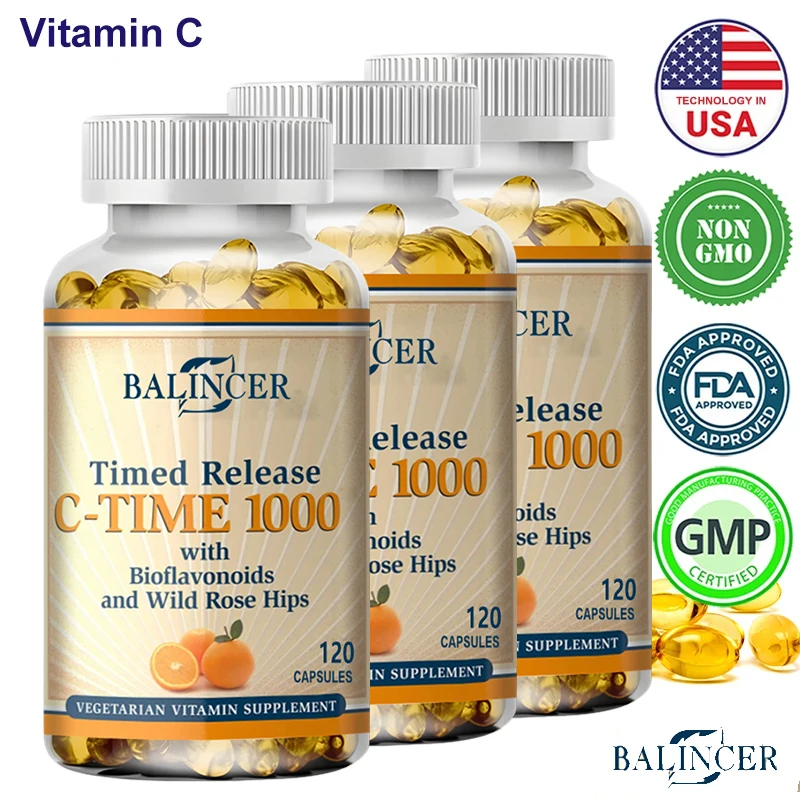 

Vitamin C - TIME 120 Vegetarian Capsules - For Immune Support, Skin, Joint and Collagen Supplement - Non-GMO