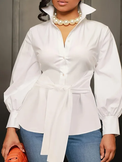 Plus Size 1XL-5XL Fashion Women‘s Solid Color Lapel Collar Blouse Ladies Casual Elegant Chic Top Long Sleeves Shirt