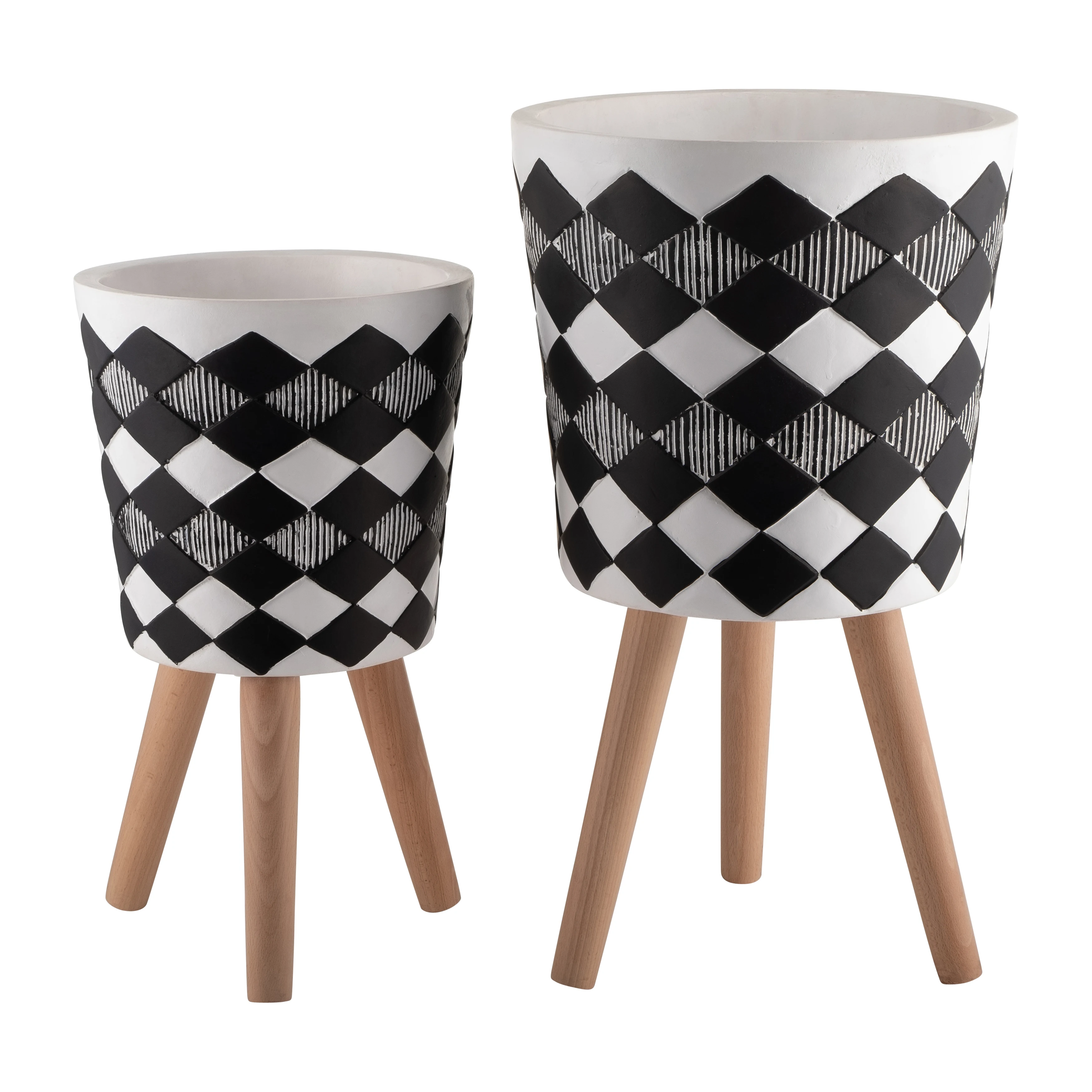 Set of 2 10/12 Diamond Planters with Black Wood Legs, KD, and Terrazzo Design; Modern Indoor Flower Pots and Planters