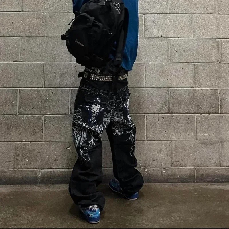 Y2k Street High Waist Gothic Skull Geometry Men Jeans American Retro Hip Hop Fashion Couple Straight Loose Pants 2