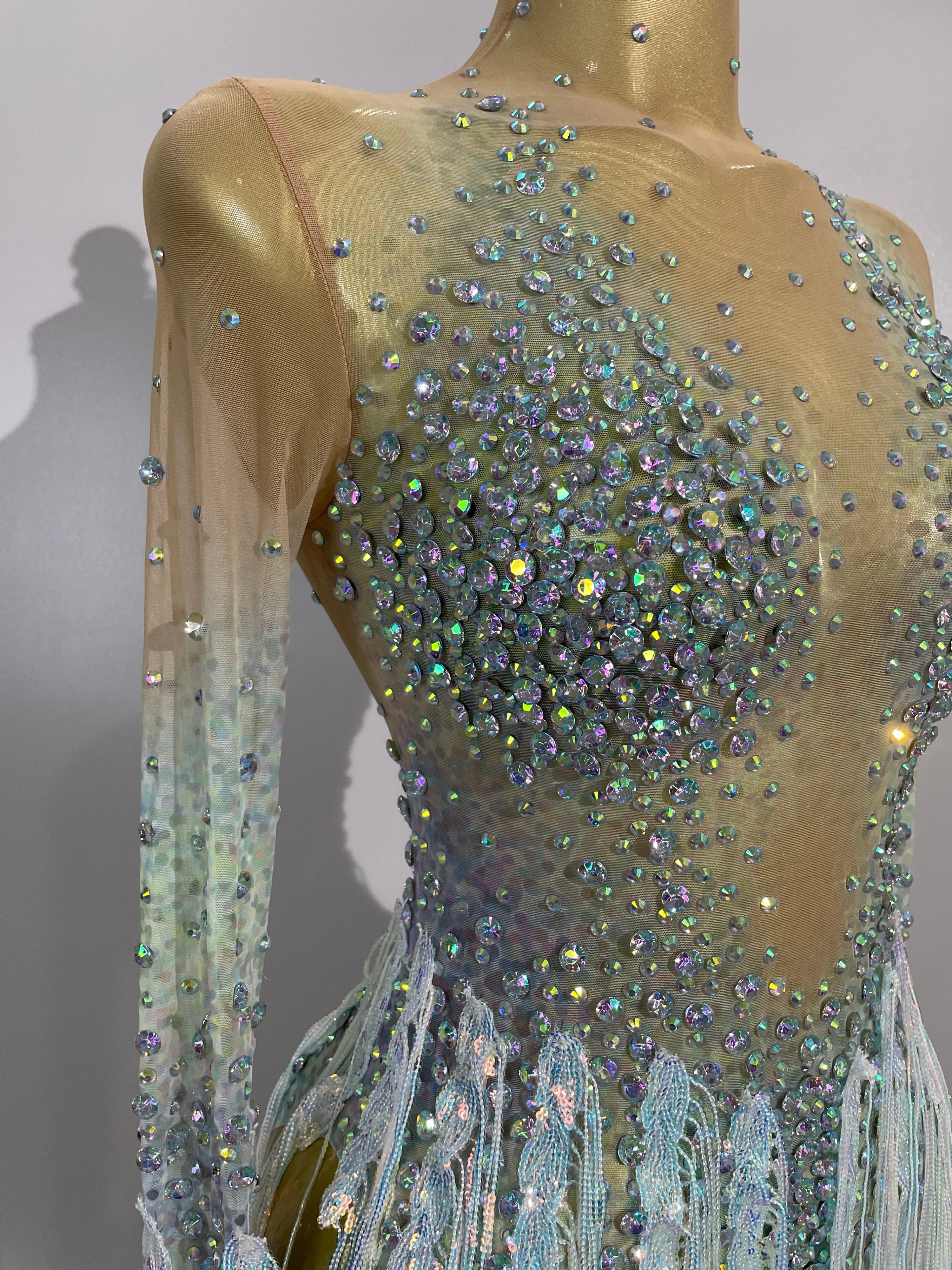 Sexy Mesh See Through Sparkly Rhinestone Tassel Long Sleeves Mini Dress 2026 Women Latin Dance Nightclub Party Club Stage Wear