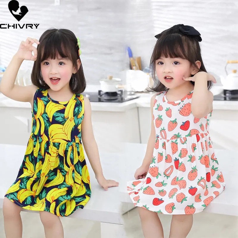 

Summer Dress New 2023 Baby Girls Sleeveless Floral Strawberry Print Thin A-line Beach Sundress Princess Dresses Kids Vestidos