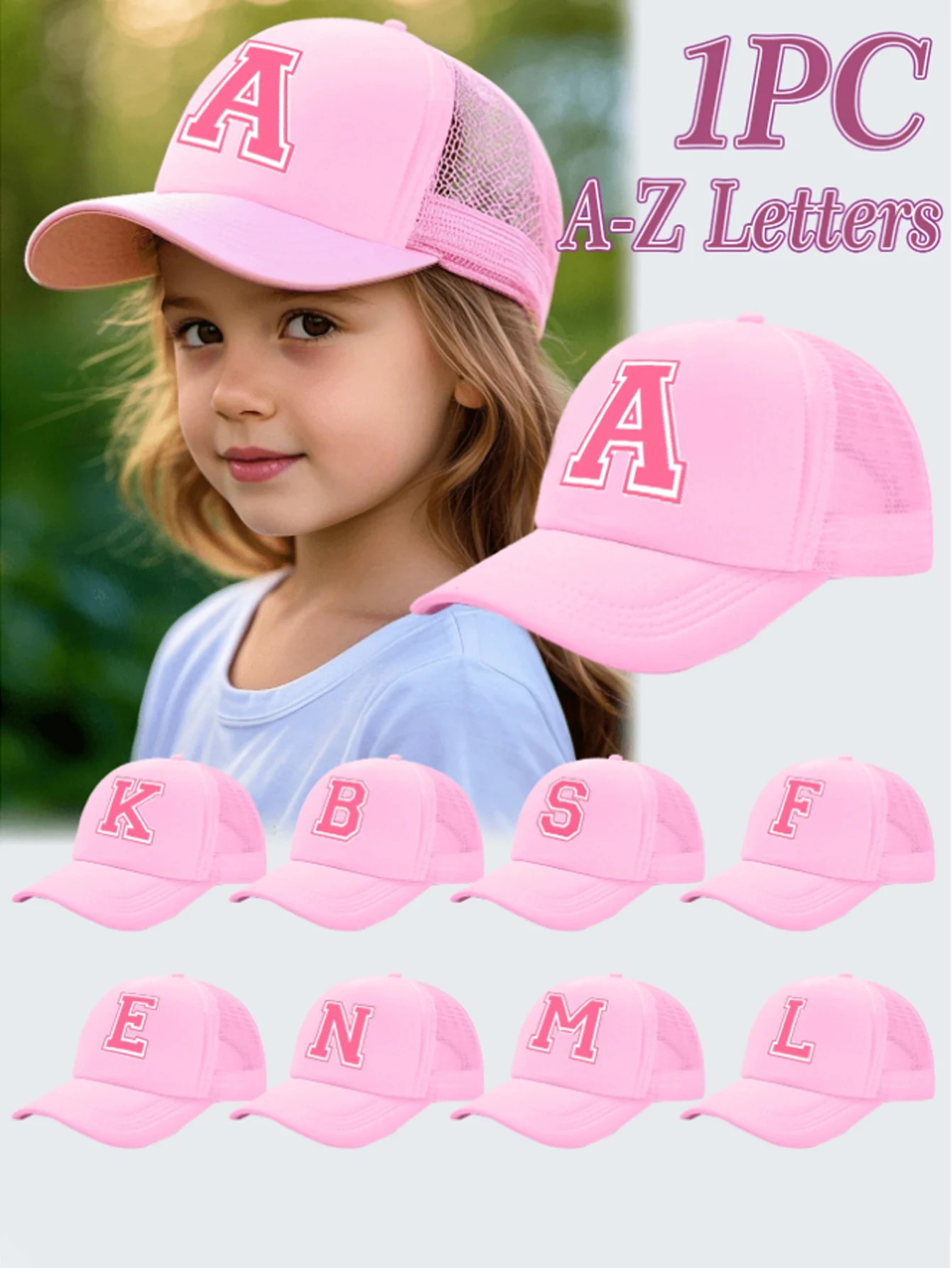 1pc Kid's 26 Alphabet Baseball Cap, Fashion Versatile Casual Sun Hat,Pink Mesh Breathable Trucker Cap, Suitable For Girls