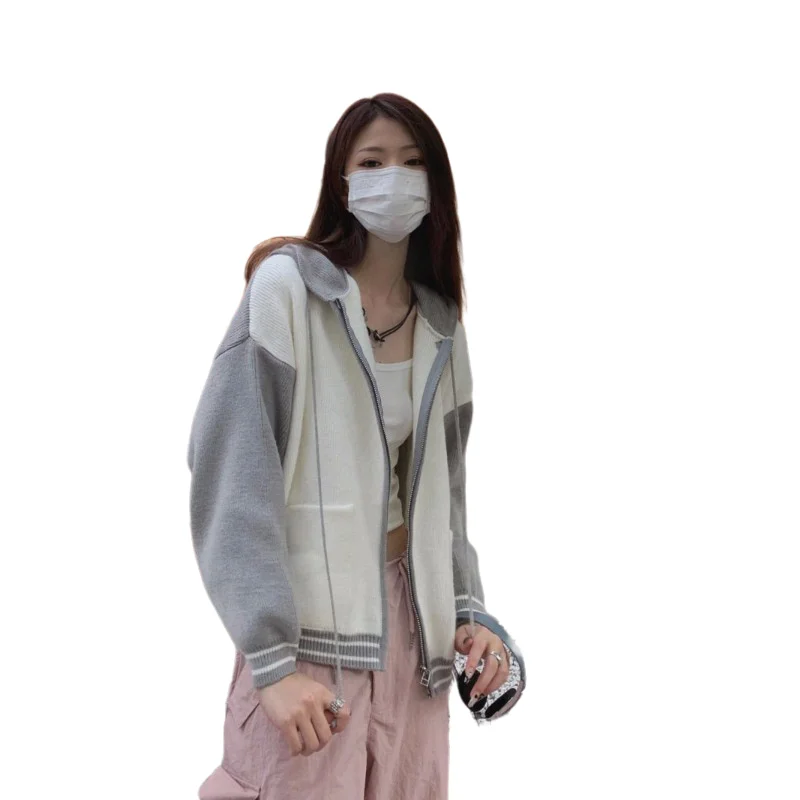스웨터 여성, 2022 년 가을 신제품, 느슨한 슬리밍 후드, 컬러 매칭 스포츠 센스 가디건, 긴 소매 겉옷, 다목적 패션