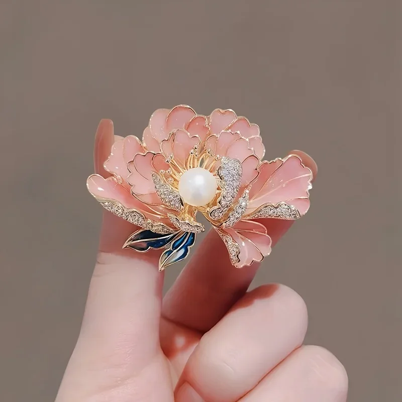 여성용 우아한 진주 모란 꽃 브로치, 절묘한 크리스탈 라인석 브로치 핀, 럭셔리 연회 웨딩 주얼리 선물, 트렌디한