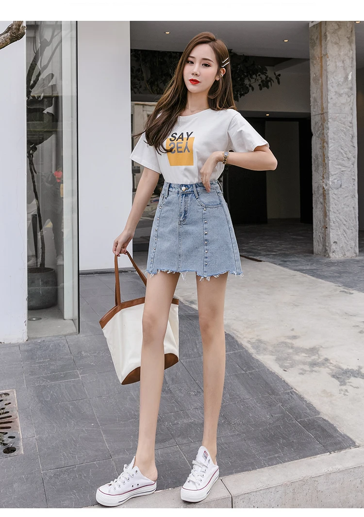 2021 Summer Womens Skirts Casual Button High Waisted Denim Skirt Korean Fashion Beaded Short Mini A-Line Skirt Female Clothing skorts for women