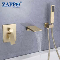 ZAPPO Brushed Gold Bathroom Bathtub Shower Set Waterfall Mixer Tap Wall Mount Solid Brass Shower Systerm w/Handheld Shower Head 1