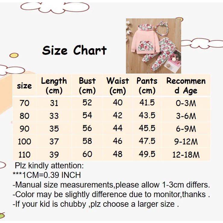 0-18 Monate Kleinkind Baby Mädchen 3 Stück Kapuzen kleidung Set Blumen Druck Langarm Top + Howknot Stirnband Mode Herbst Outfit – Detail 15