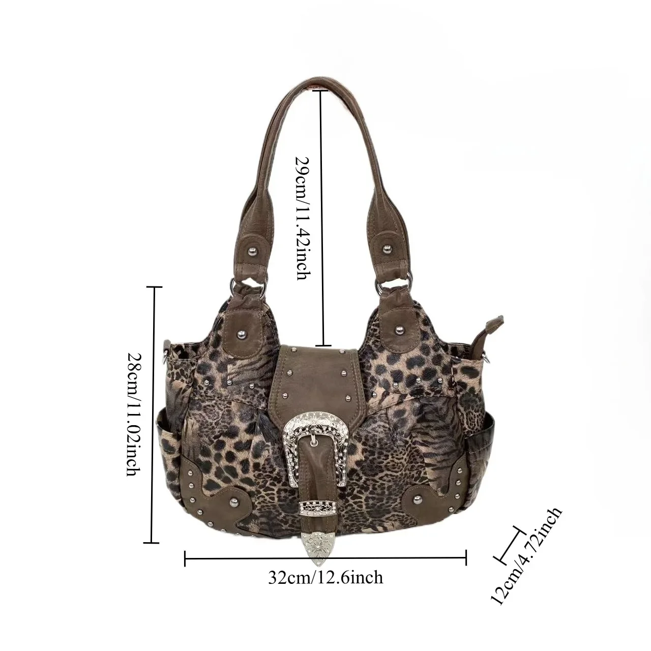 Y2K street personality spicy girl leopard print patchwork tote bag with multiple pockets and rivets retro crossbody handbag 5