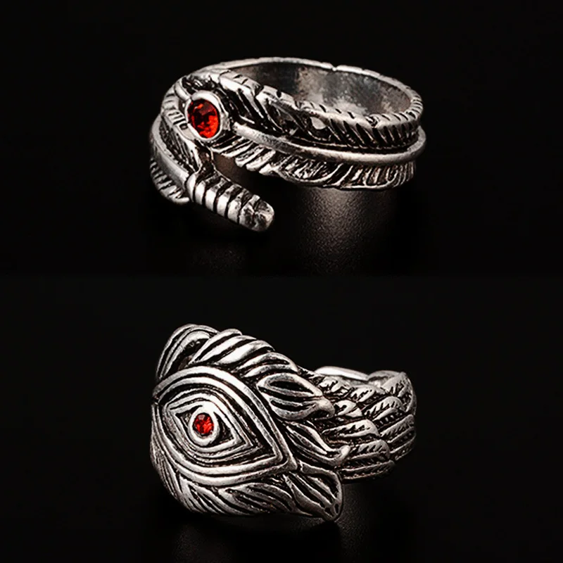 Retro Red Crystal Feather Ring For Men Silver Color Punk Gothic Rock Hiphop Open Ring Handmade Unisex Jewelry Bikers Accessories 6