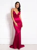 Deep V Neck Stretch Satin Floor Length Dress Long Mermaid Bodycon Backless Evening Party Bridesmaids Prom Gown 1