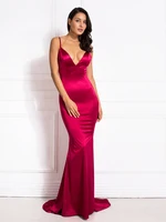 Deep V Neck Stretch Satin Floor Length Dress Long Mermaid Bodycon Backless Evening Party Bridesmaids Prom Gown 1