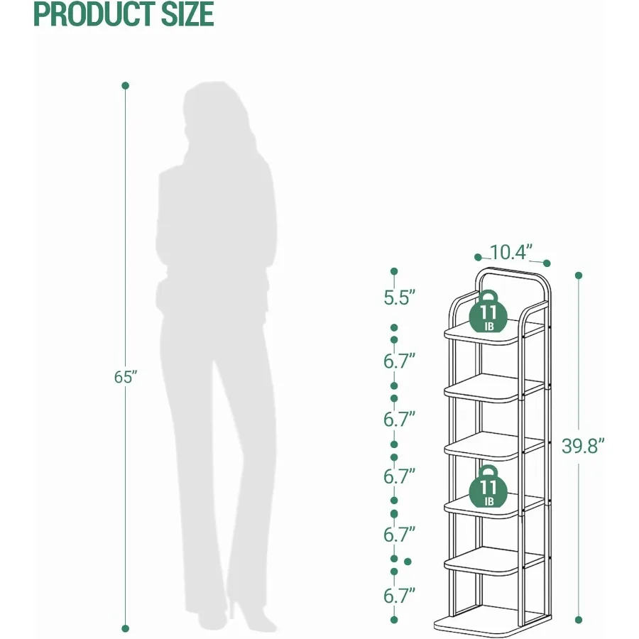 6 Tiers Vertical Shoe Rack Narrow Shoe Tower Tall Shoes Shelf with 2 Hooks Adjustable Shelves Corner Shoes Shelves for Small Sp