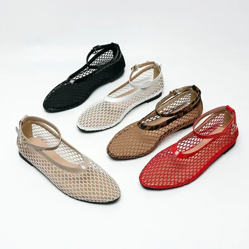 Fashion Hollow Design Mesh Breathable Women's Flats Sexy T-Strap Belt Buckle Ballet Shoe Non-Slip Soft Sole Cozy Shoes for Women women shoes women flats
