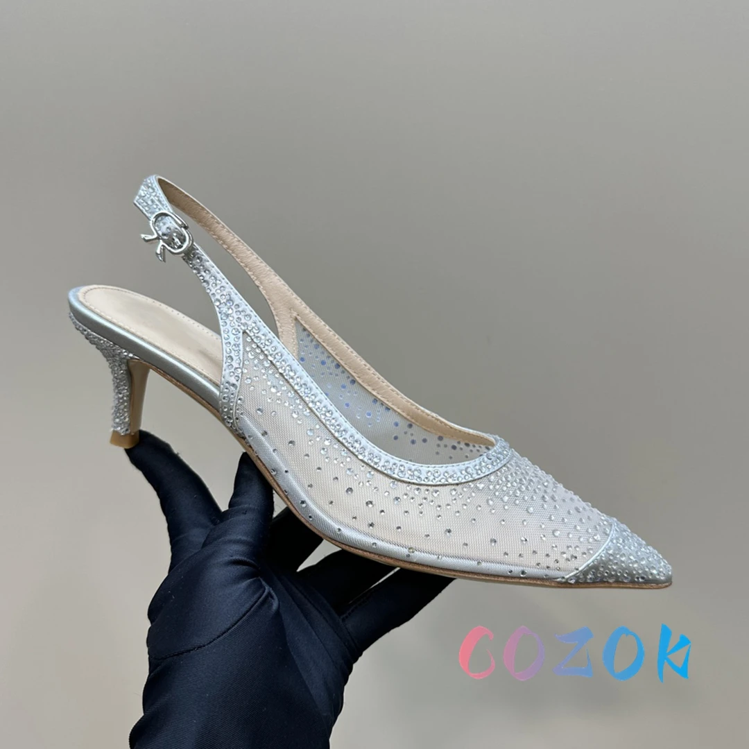 Sexy Gold Mesh Pointed Toe Crystal Inlaid Slingbacks Back Trip Strap Dress Shoes Women Large Size High Heel Sandals Summer