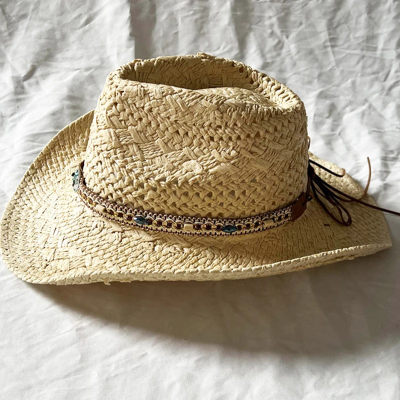 Handmade Woven Cowboy Straw Hat with Large Brim Design Men Women Outdoor Sunshade Fashion Decorative Band Ethnic Style Beach Hat