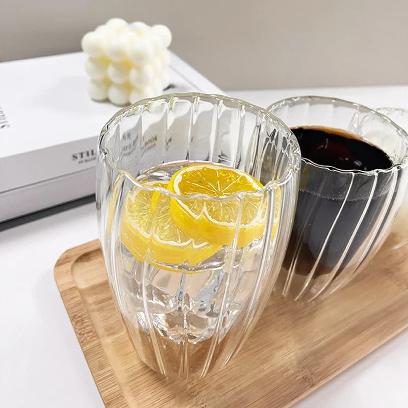 Glass Cup Glass Mug Coffee Glass Cup Heat Resistant Coffee Glass Cup 250/350/450ml Ripple Glass Mug