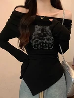 Y2k Cat Long sleeve T-shirt Women Luxury Korean Graphic Off shoulder Top Casual Lady Basic Tees Slim Sexy - Image 5