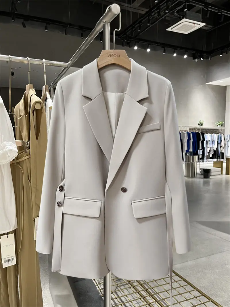 

Женский приталенный Блейзер, бежевый пиджак с поясом на шнуровке, ветровка, пальто для весны и осени, T2033, 2023