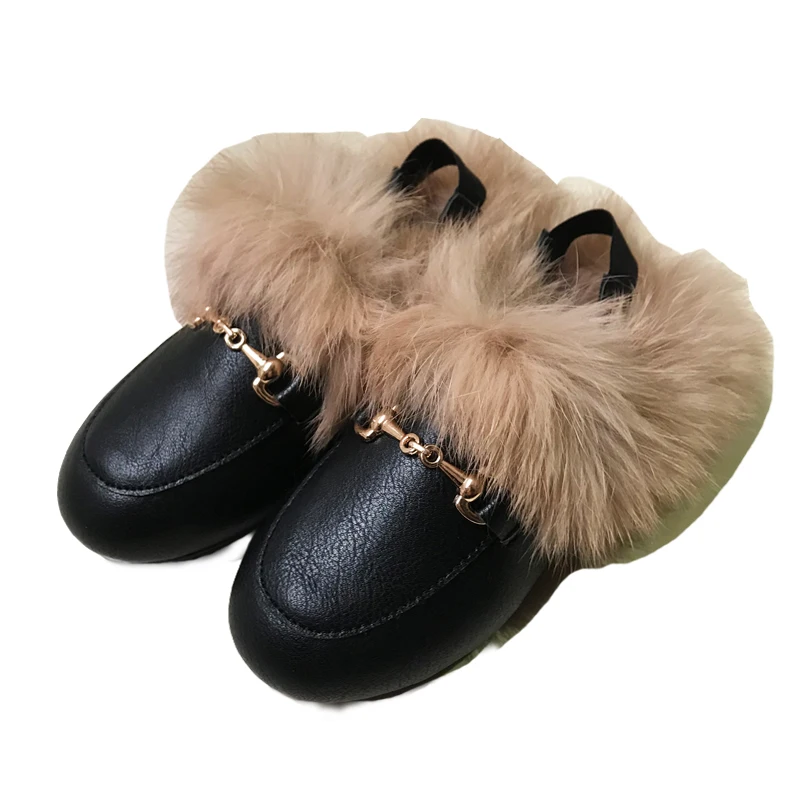 Winter Kids Fur Princess Shoes Baby Girls Brand Leather Slides Children Slip On Slippers Toddler Fashion Dress Flats Boys Shoes